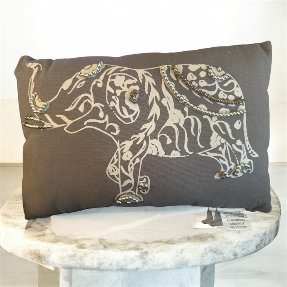 IVY HILL HOME BEADED 12x18 Artistic Elephant Accent Pillow in Brown and Cream